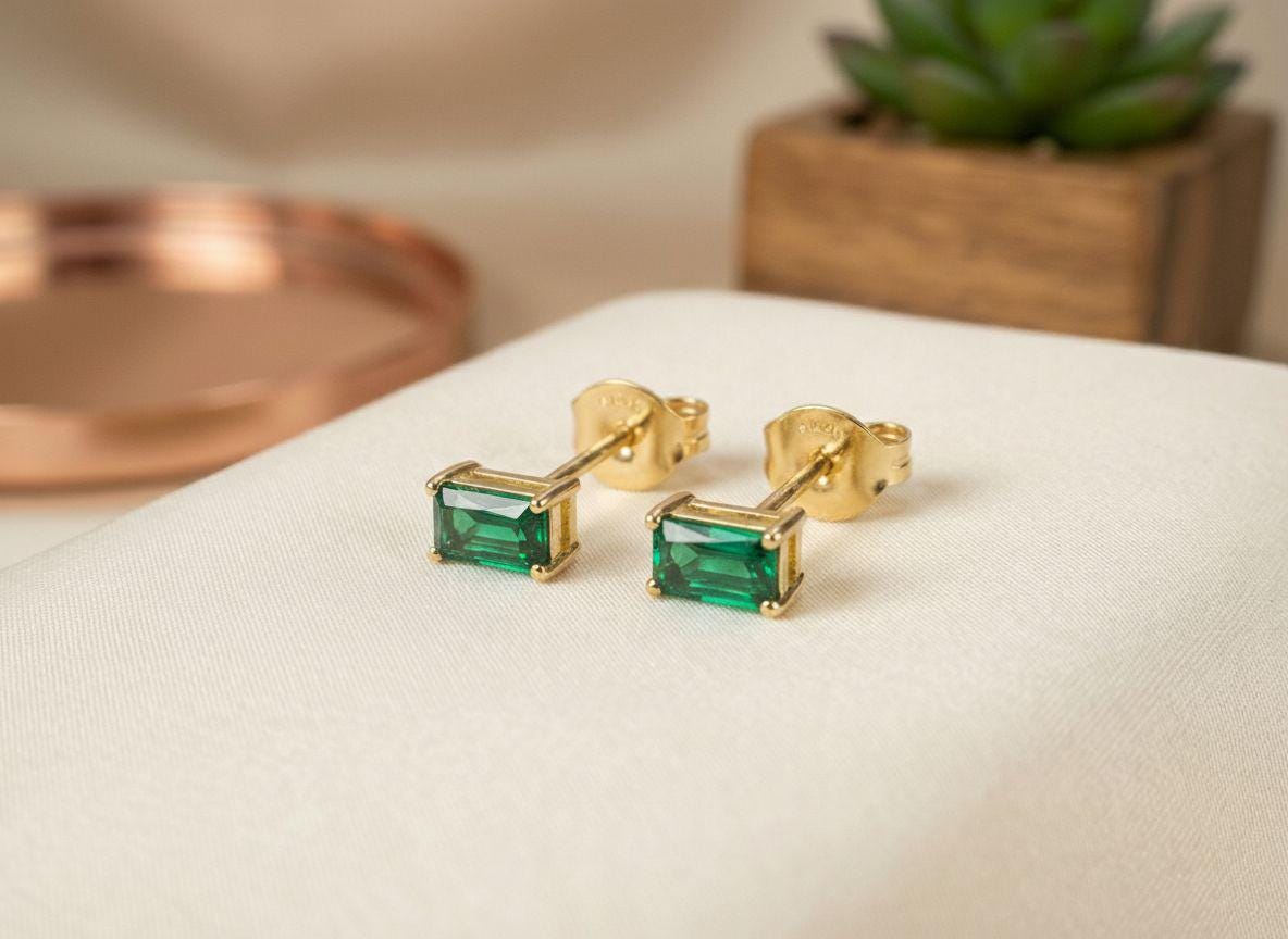 Emerald Pair Of Earrings Birthday Gift For Her Green Gemstone Studs May Birthstone Jewelry