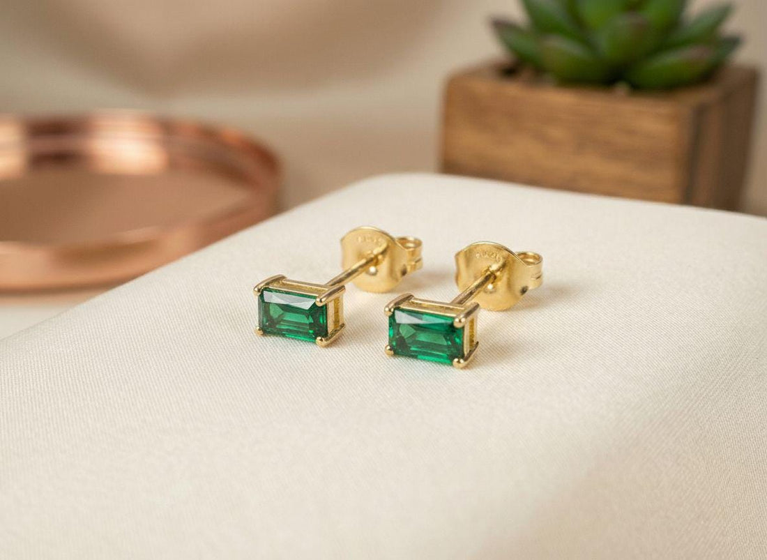 Emerald Pair Of Earrings Birthday Gift For Her Green Gemstone Studs May Birthstone Jewelry