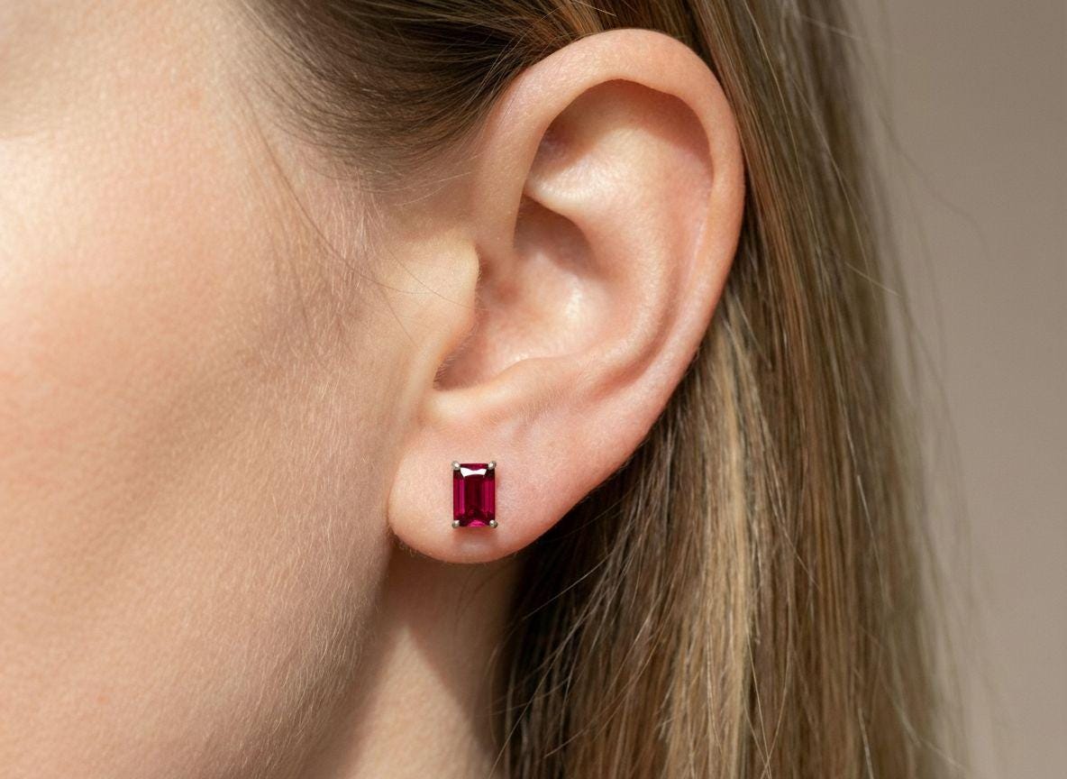 Ruby Pair Of Earrings Birthday Gift For Her Emerald Cut Red Gemstone Studs Minimalist July Birthstone Jewelry