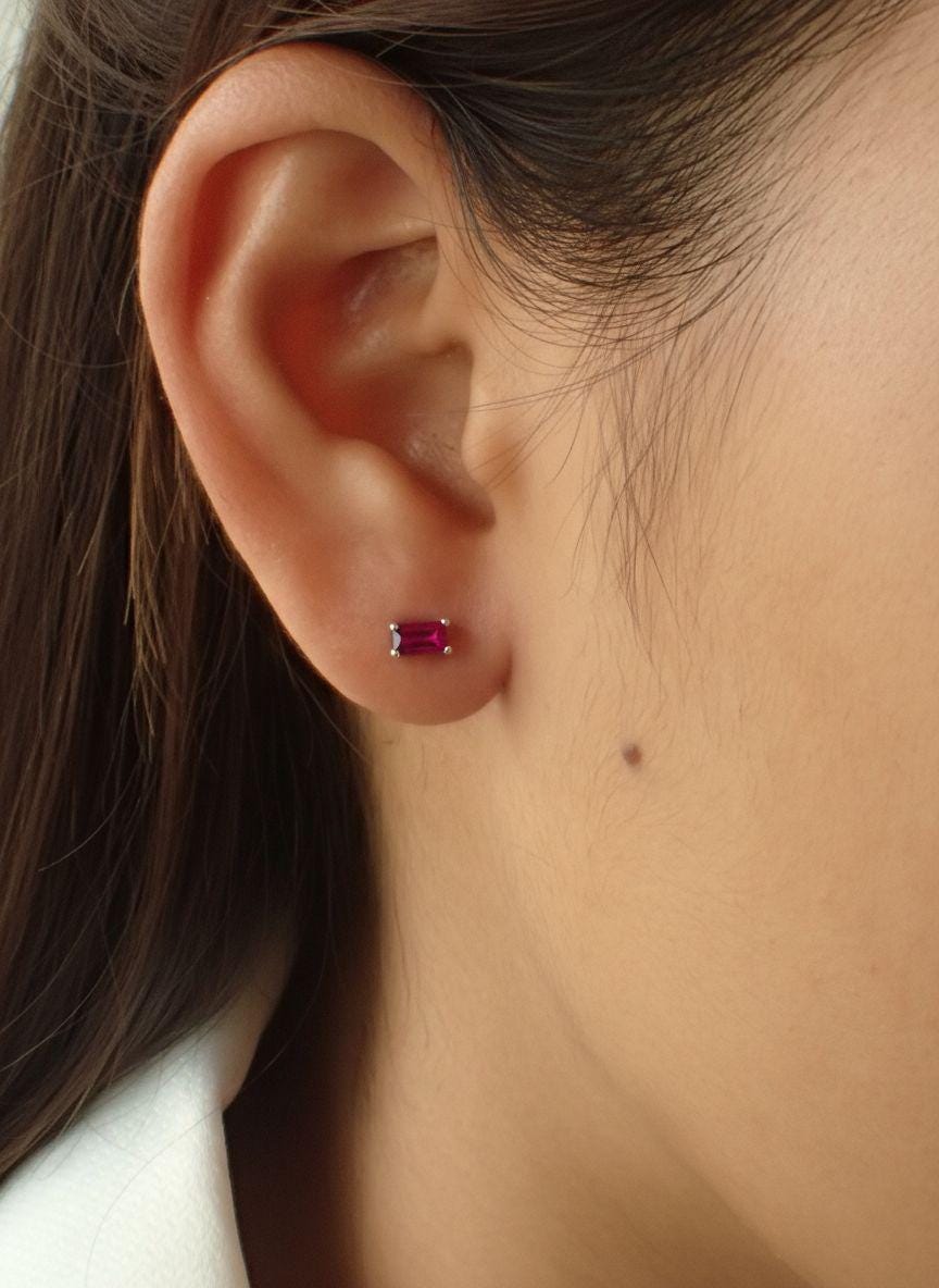 Ruby Pair Of Earrings Birthday Gift For Her Emerald Cut Red Gemstone Studs Minimalist July Birthstone Jewelry