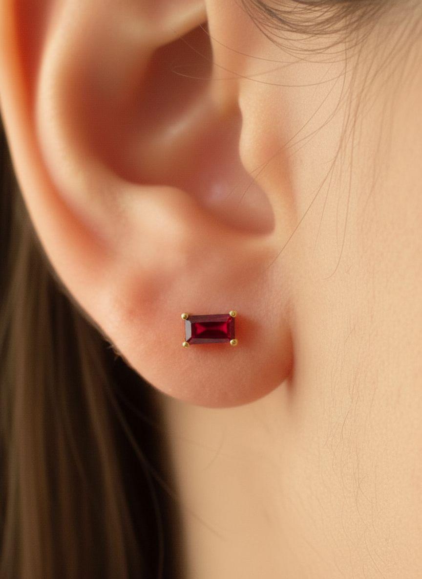 Ruby Pair Of Earrings Birthday Gift For Her Emerald Cut Red Gemstone Studs Minimalist July Birthstone Jewelry