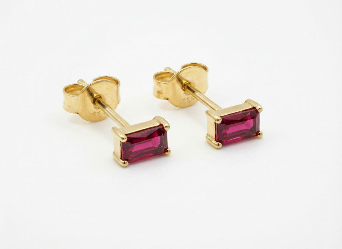 Ruby Pair Of Earrings Birthday Gift For Her Emerald Cut Red Gemstone Studs Minimalist July Birthstone Jewelry