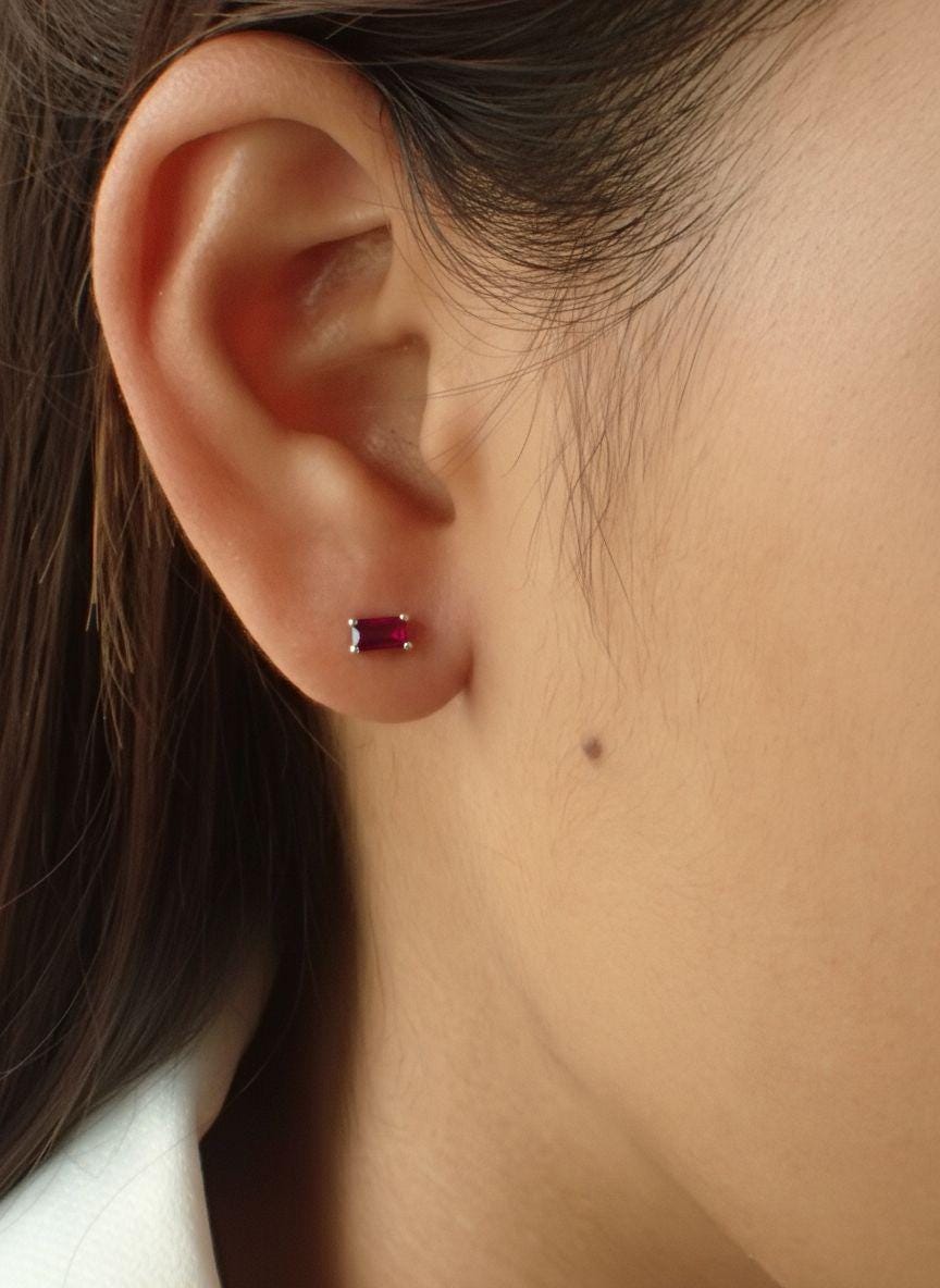 Ruby Pair Of Earrings Birthday Gift For Her Emerald Cut Red Gemstone Studs Minimalist July Birthstone Jewelry