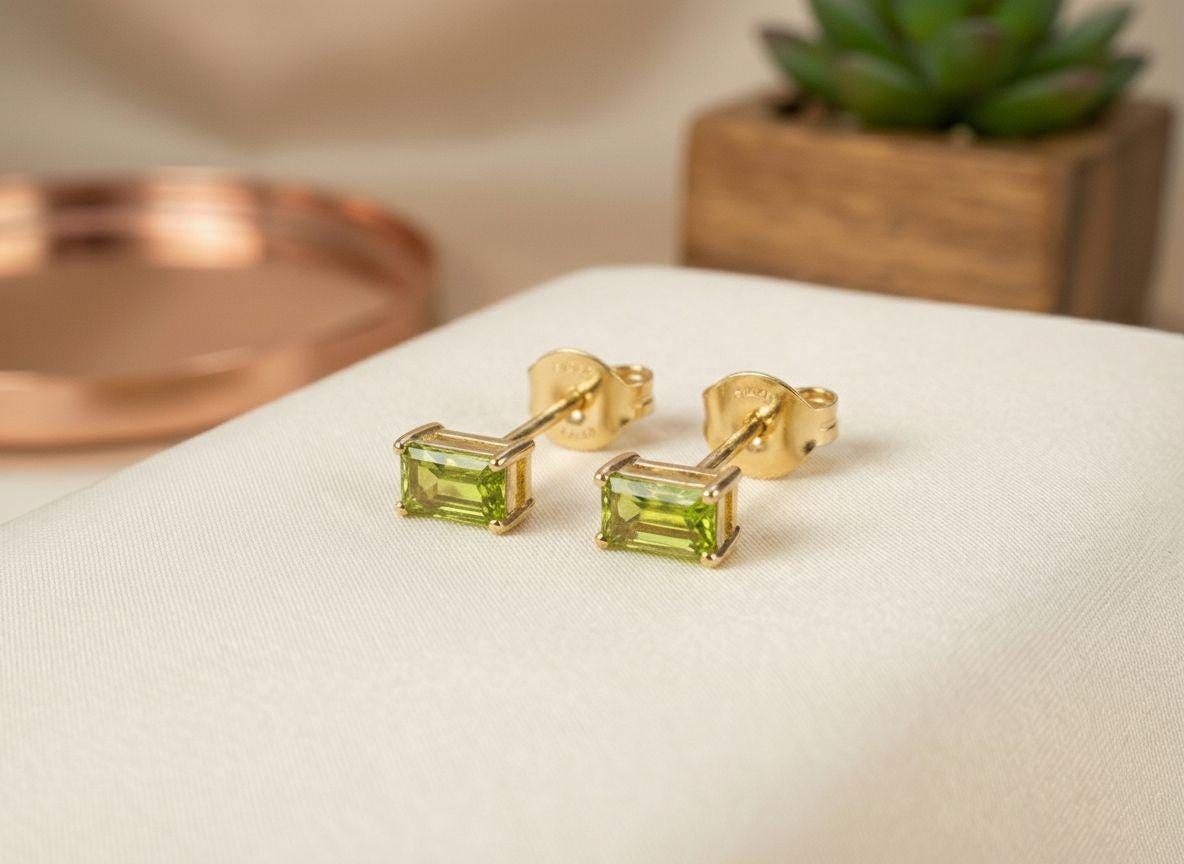 Peridot Pair Of Earrings August Birthday Gift For Her Lime Green Emerald Cut Studs
