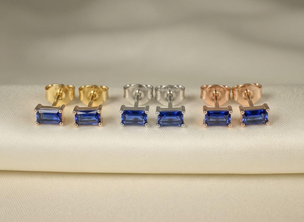 Emerald Cut Blue Sapphire Stud Earrings, September Birthstone Jewelry, Royal Blue Gemstone Studs, Birthday Gift for Her