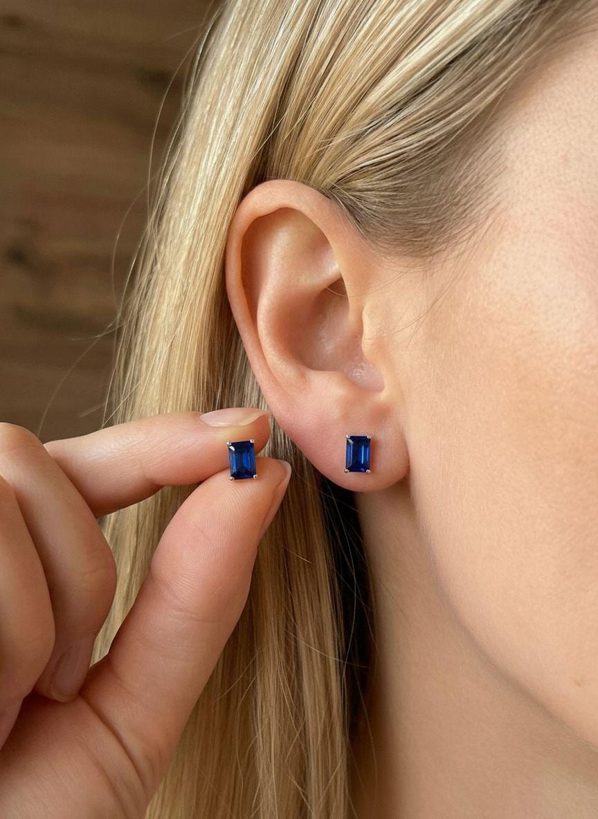 Emerald Cut Blue Sapphire Stud Earrings, September Birthstone Jewelry, Royal Blue Gemstone Studs, Birthday Gift for Her