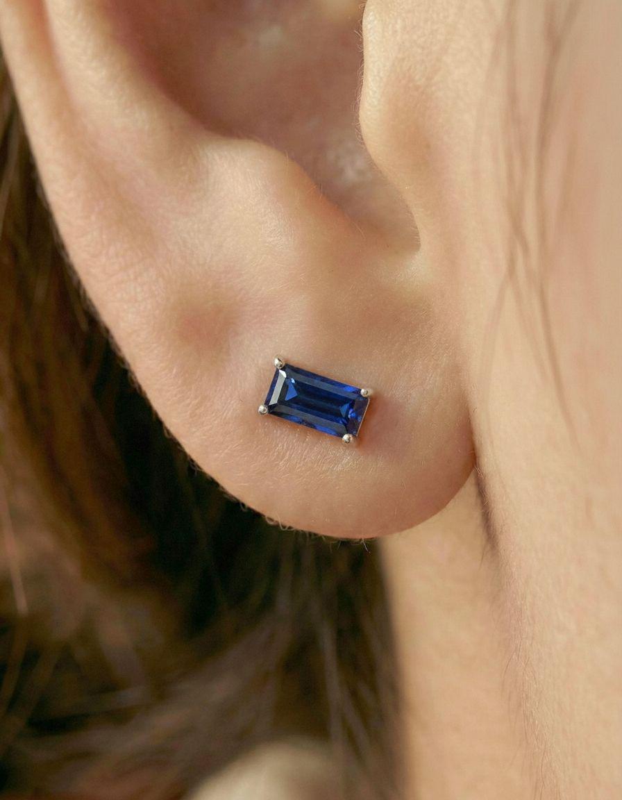 Emerald Cut Blue Sapphire Stud Earrings, September Birthstone Jewelry, Royal Blue Gemstone Studs, Birthday Gift for Her