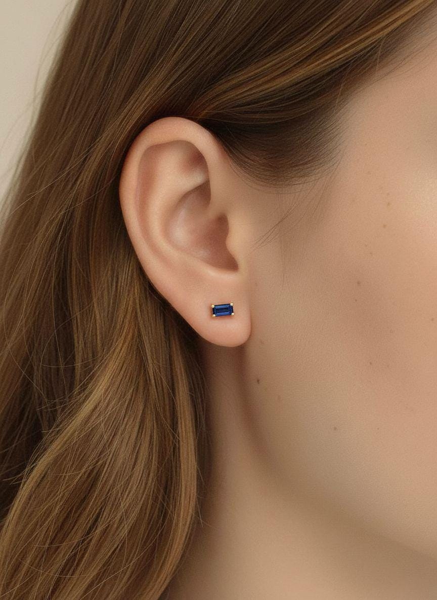 Emerald Cut Blue Sapphire Stud Earrings, September Birthstone Jewelry, Royal Blue Gemstone Studs, Birthday Gift for Her