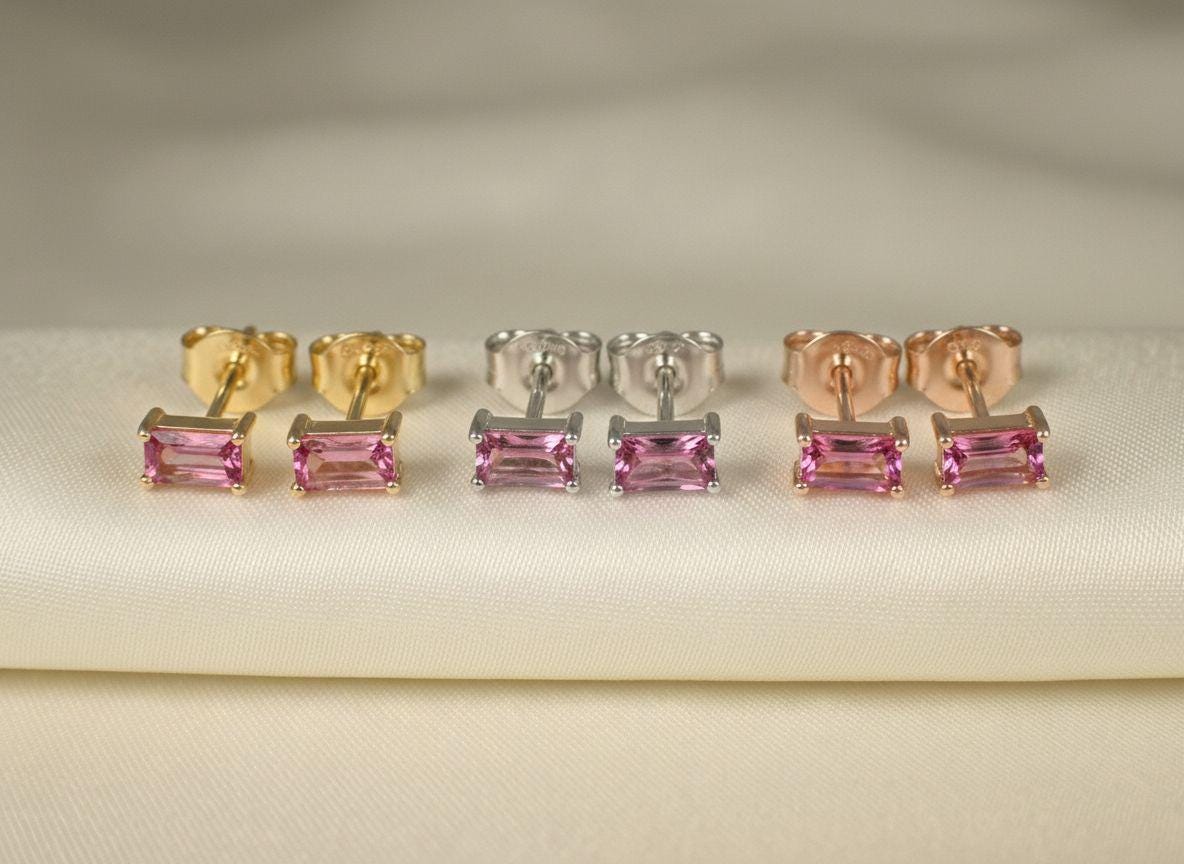 Pink Tourmaline Stud Earrings, October Birthstone Earrings, Dainty Pink Gemstone Jewelry, Minimalist Birthday Gift for Her