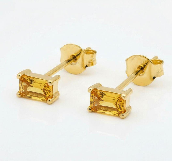 Emerald Cut Citrine Stud Earrings, November Birthstone Jewelry, Dainty Yellow Gemstone Earrings, Birthday Gift for Her