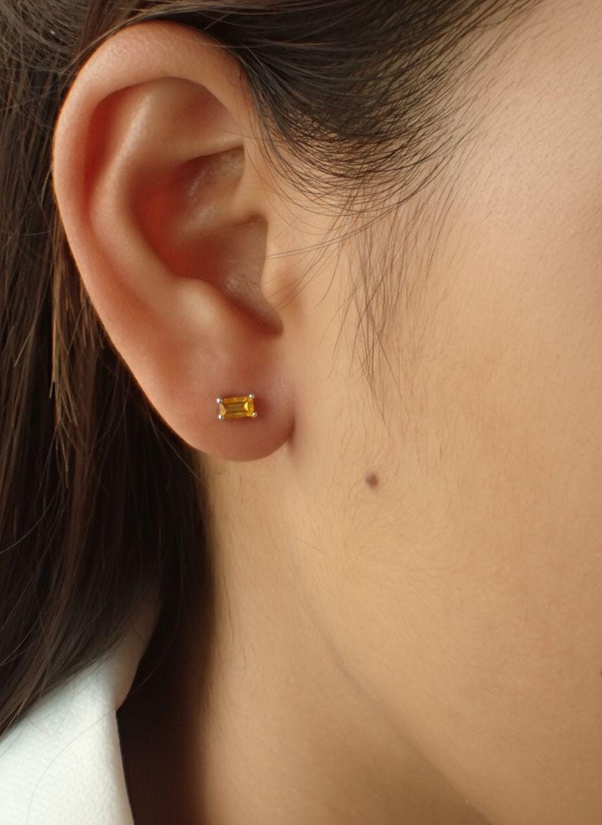 Emerald Cut Citrine Stud Earrings, November Birthstone Jewelry, Dainty Yellow Gemstone Earrings, Birthday Gift for Her