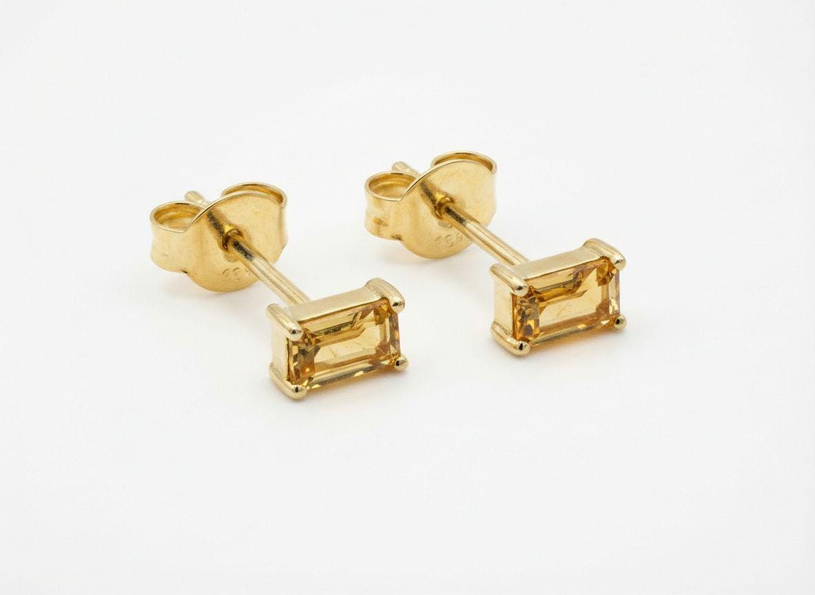 Emerald Cut Citrine Stud Earrings, November Birthstone Jewelry, Dainty Yellow Gemstone Earrings, Birthday Gift for Her