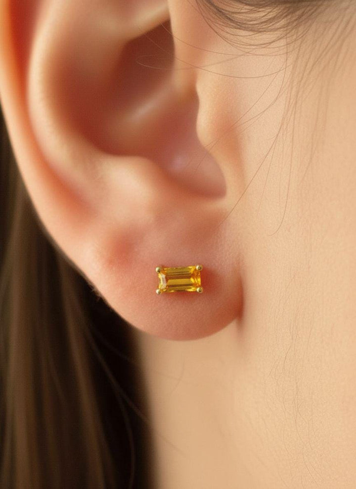 Emerald Cut Citrine Stud Earrings, November Birthstone Jewelry, Dainty Yellow Gemstone Earrings, Birthday Gift for Her