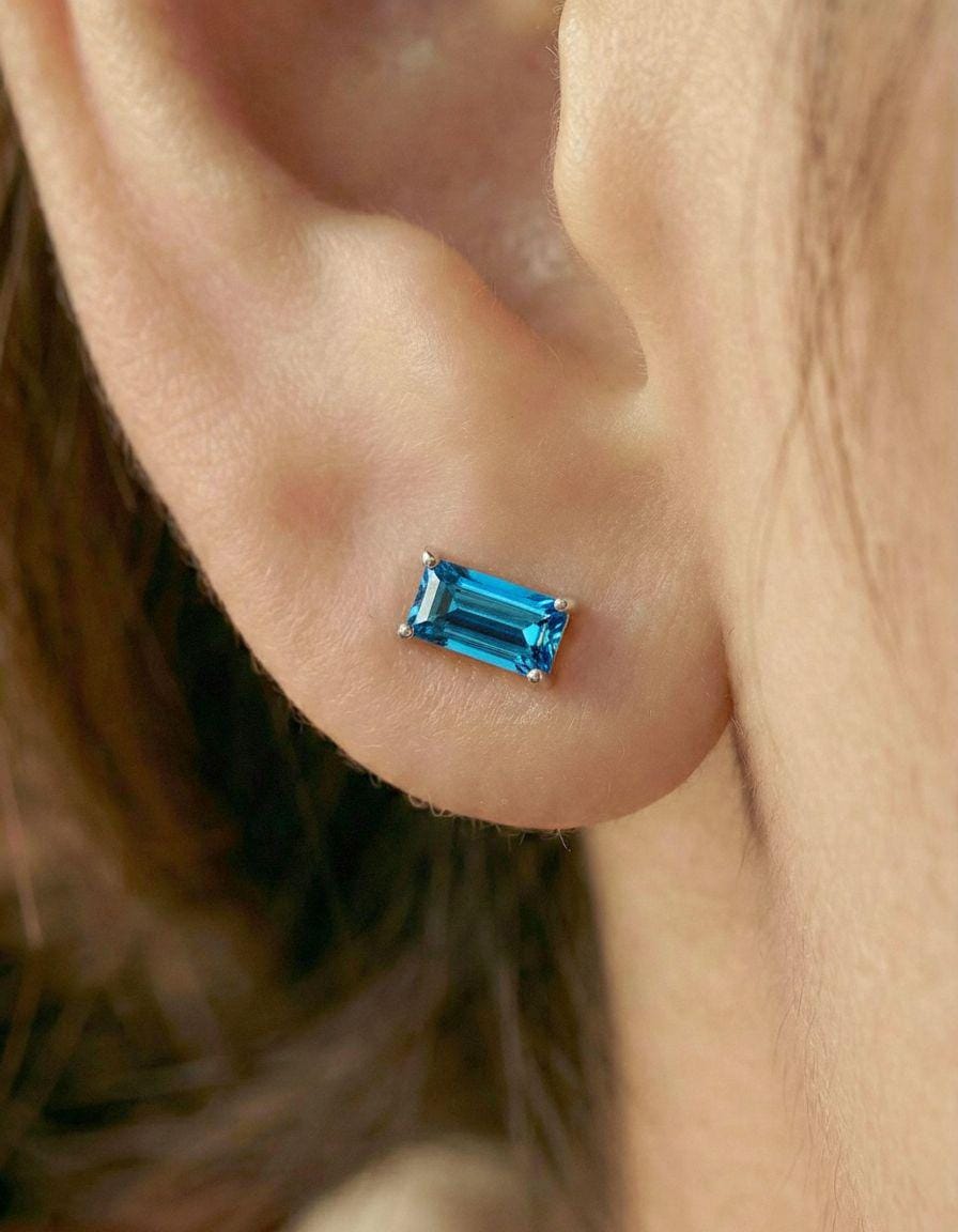 Blue Zircon Stud Earrings, December Birthstone Earrings, Baguette Blue Gemstone Studs, Minimalist Birthday Gift for Her