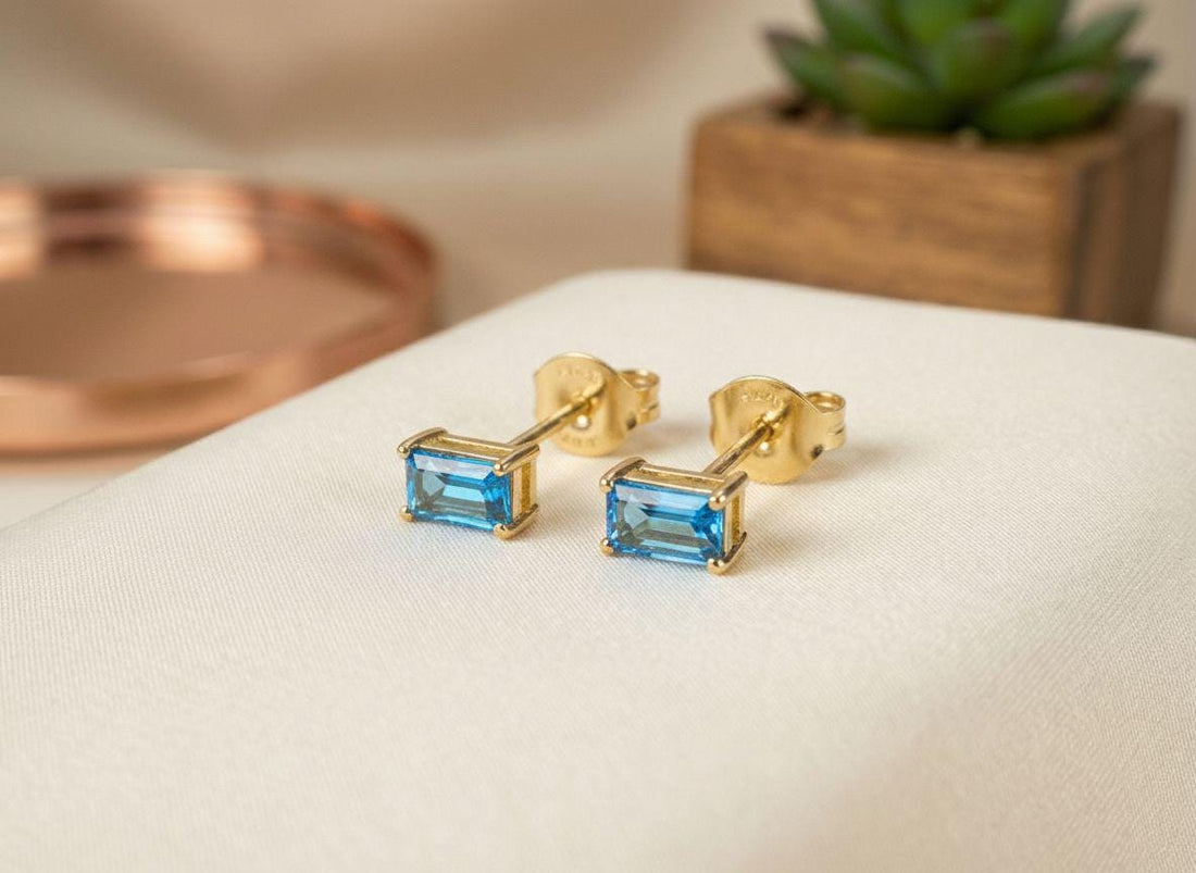 Blue Zircon Stud Earrings, December Birthstone Earrings, Baguette Blue Gemstone Studs, Minimalist Birthday Gift for Her