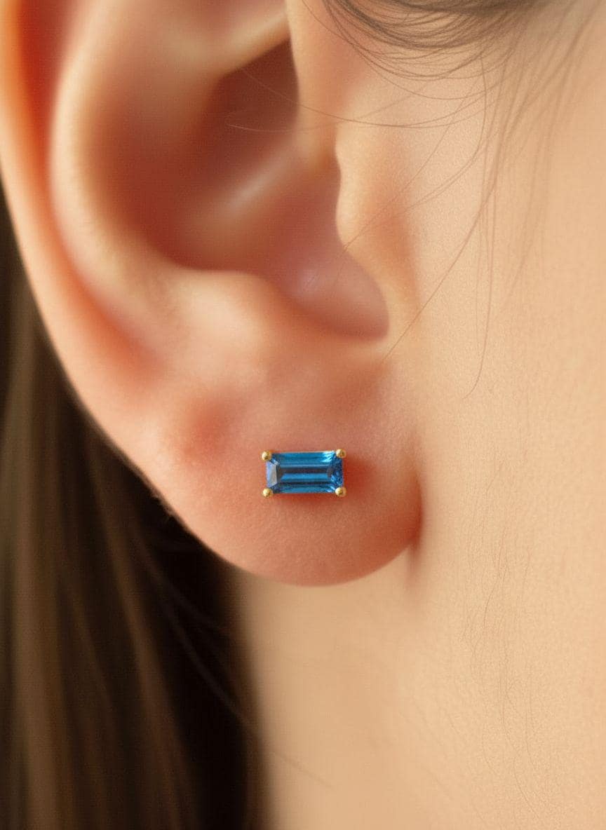 Blue Zircon Stud Earrings, December Birthstone Earrings, Baguette Blue Gemstone Studs, Minimalist Birthday Gift for Her