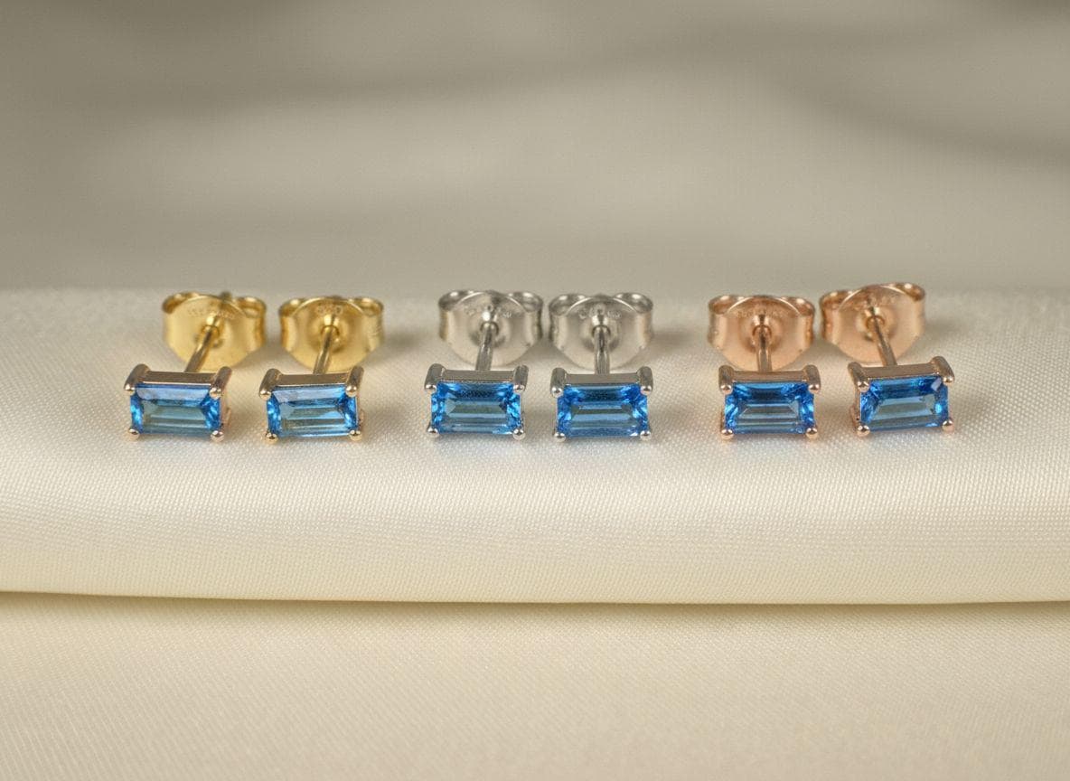 Blue Zircon Stud Earrings, December Birthstone Earrings, Baguette Blue Gemstone Studs, Minimalist Birthday Gift for Her