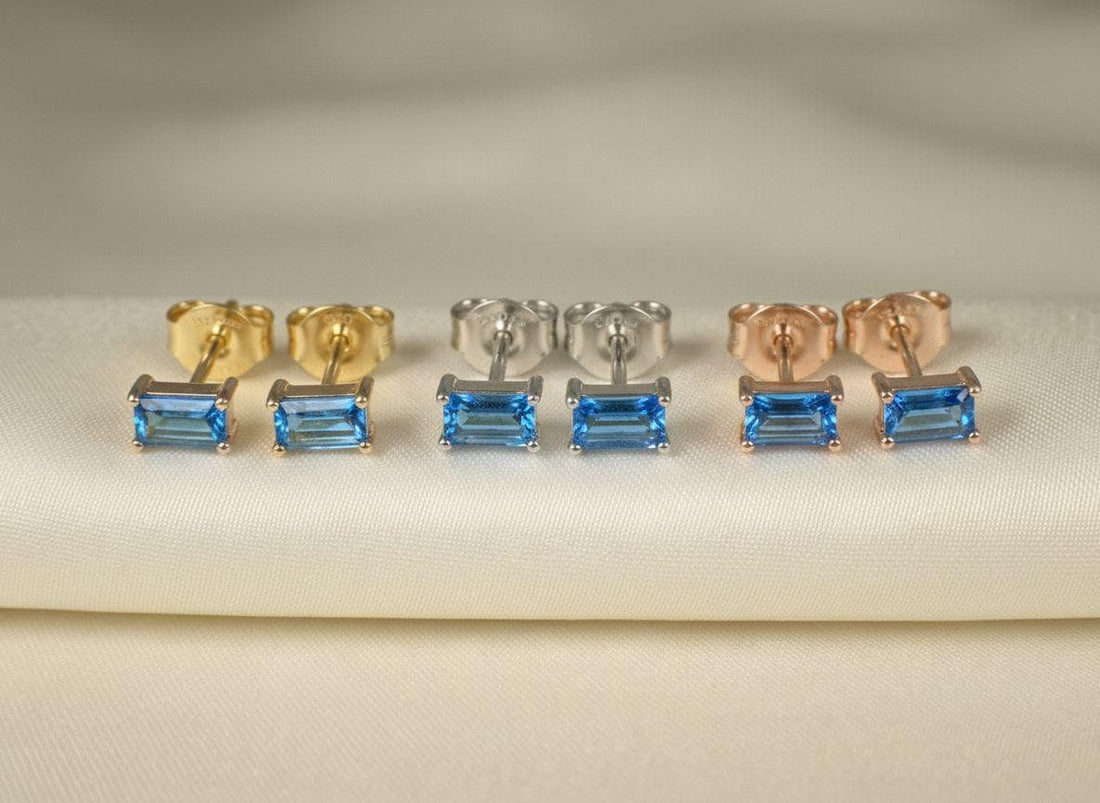 Blue Zircon Stud Earrings, December Birthstone Earrings, Baguette Blue Gemstone Studs, Minimalist Birthday Gift for Her