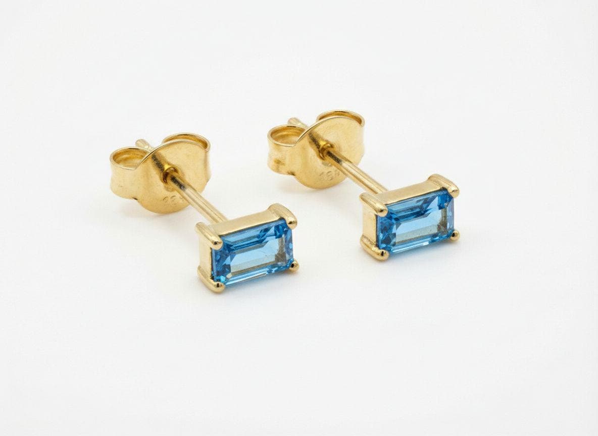 Blue Zircon Stud Earrings, December Birthstone Earrings, Baguette Blue Gemstone Studs, Minimalist Birthday Gift for Her