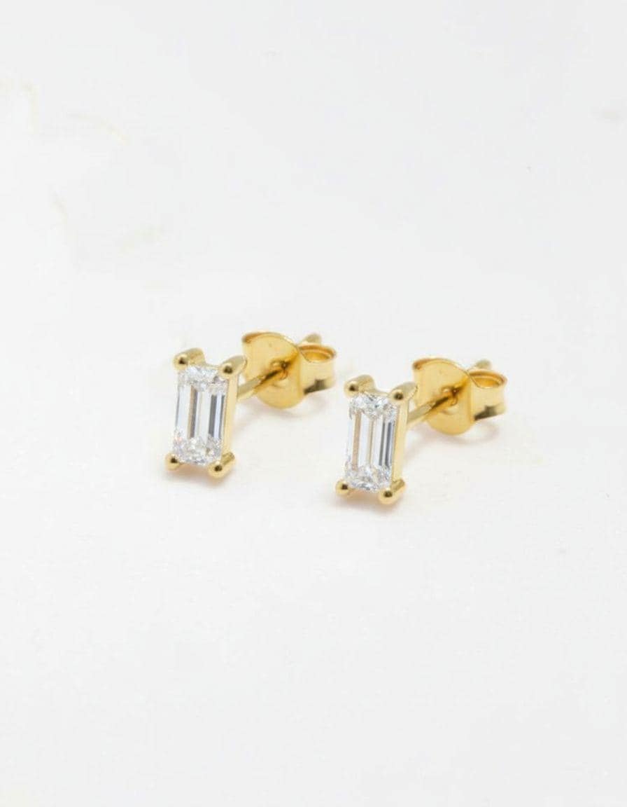 Emerald Cut Moissanite Stud Earrings, Baguette Moissanite Earrings, Dainty Minimalist Studs, Birthday Gift for Her
