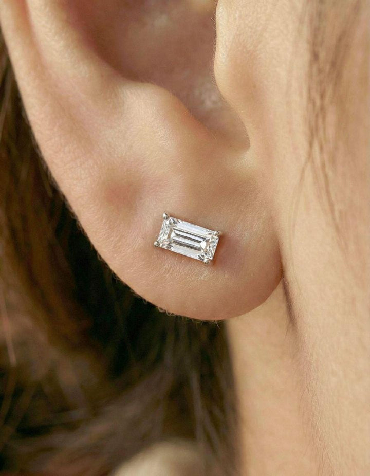 Emerald Cut Moissanite Stud Earrings, Baguette Moissanite Earrings, Dainty Minimalist Studs, Birthday Gift for Her