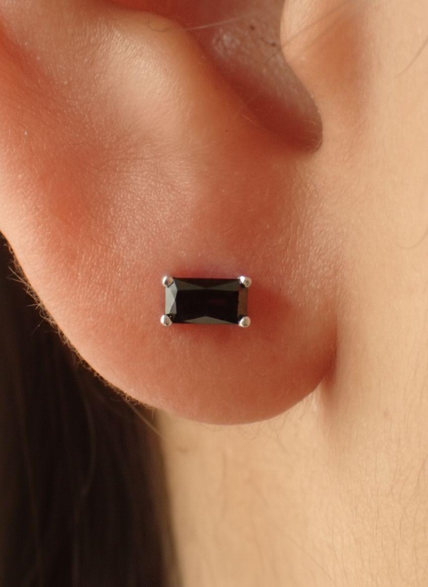 Emerald Cut Black Diamond Stud Earrings, Minimalist Black Gemstone Earrings, Luxury Birthday Anniversary Gift for Her