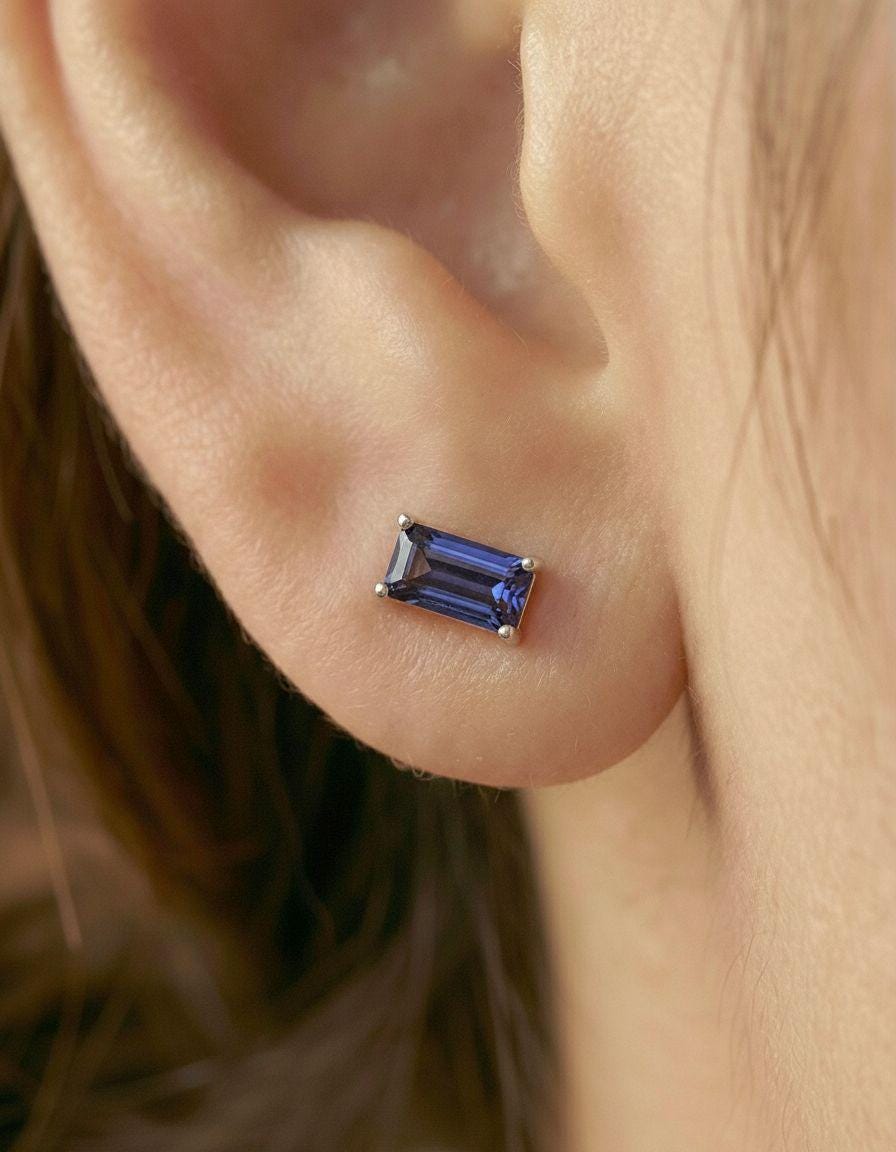 London Blue Topaz Emerald Cut Stud Earrings - December Birthstone Birthday Gift Baguette Earrings