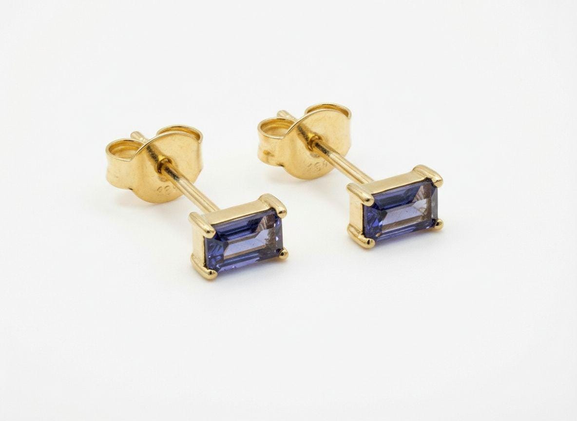 London Blue Topaz Emerald Cut Stud Earrings - December Birthstone Birthday Gift Baguette Earrings