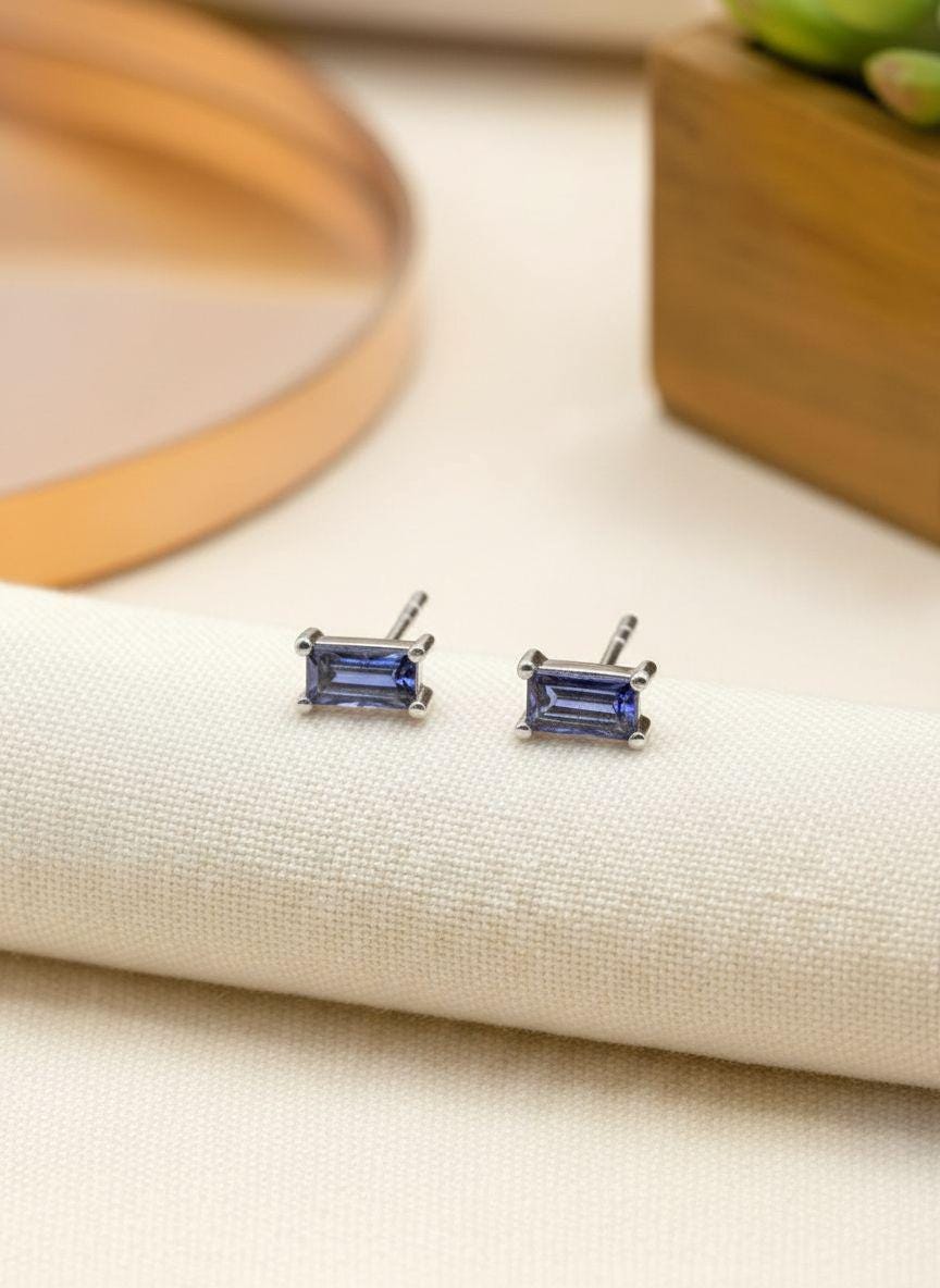 London Blue Topaz Emerald Cut Stud Earrings - December Birthstone Birthday Gift Baguette Earrings