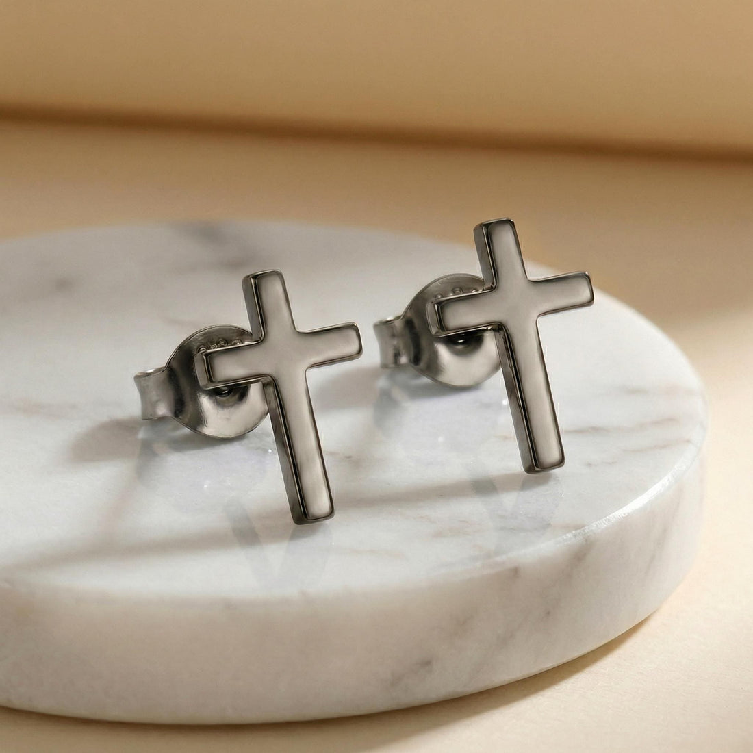 Black Rhodium Cross Stud Earrings, Minimalist Black Cross Earrings, Gothic Christian Jewelry, Dark Faith Earrings for Men & Women