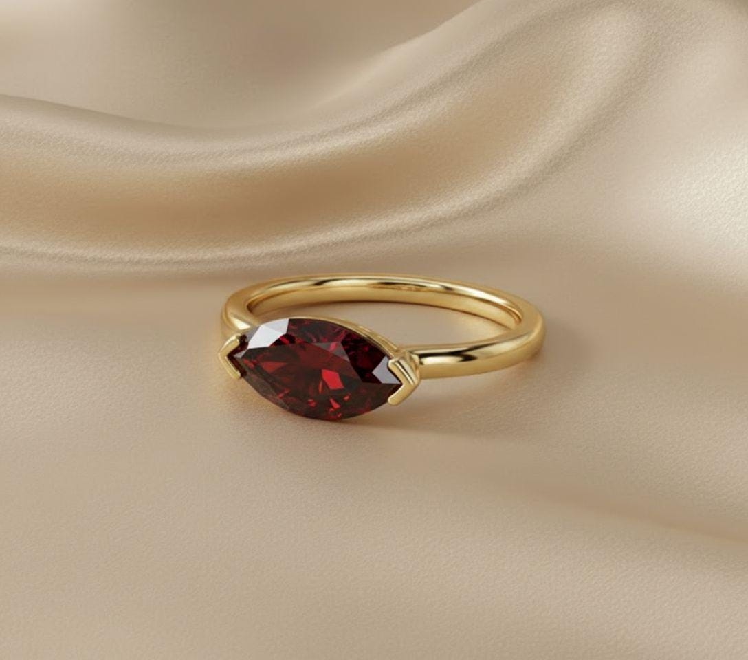 East West Marquise Garnet CZ Travel Ring Minimalist Red Solitaire Ring January Birthstone Vacation Ring Dainty East West Engagement Ring
