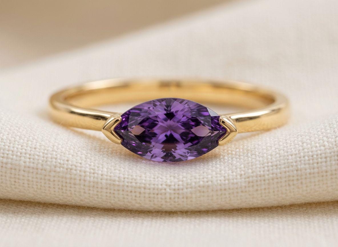 East West Marquise Amethyst CZ Travel Ring | Minimalist Purple Solitaire Ring | February Birthstone Vacation Ring | Dainty East West