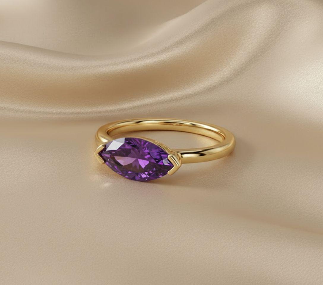East West Marquise Amethyst CZ Travel Ring | Minimalist Purple Solitaire Ring | February Birthstone Vacation Ring | Dainty East West
