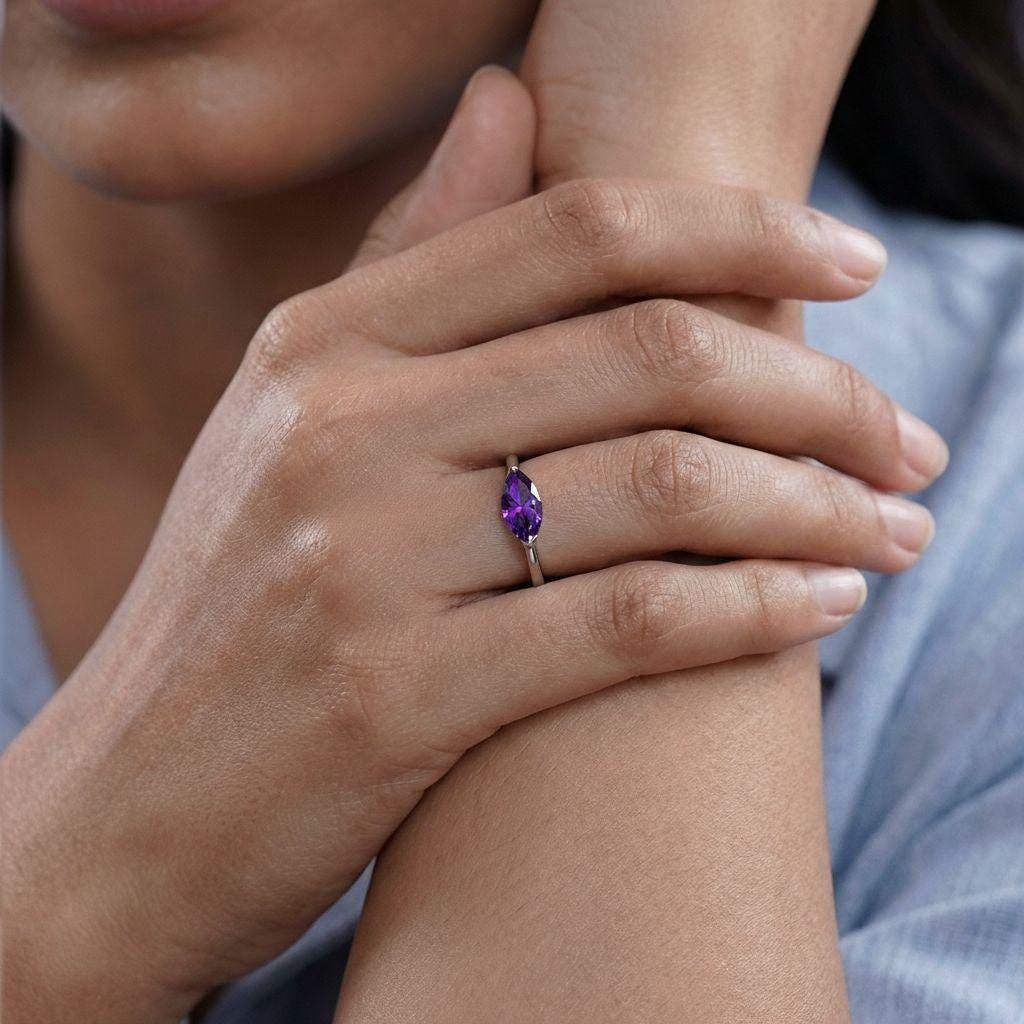 East West Marquise Amethyst CZ Travel Ring | Minimalist Purple Solitaire Ring | February Birthstone Vacation Ring | Dainty East West
