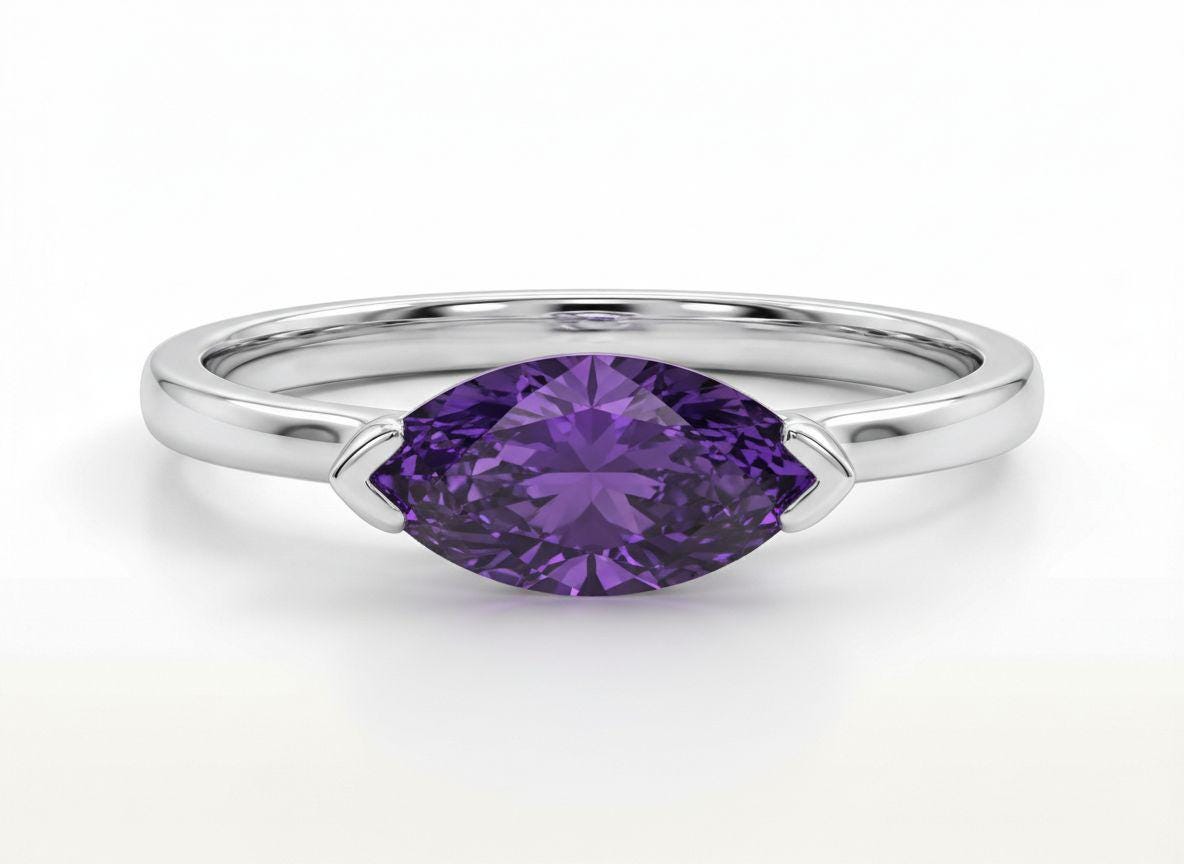 East West Marquise Amethyst CZ Travel Ring | Minimalist Purple Solitaire Ring | February Birthstone Vacation Ring | Dainty East West