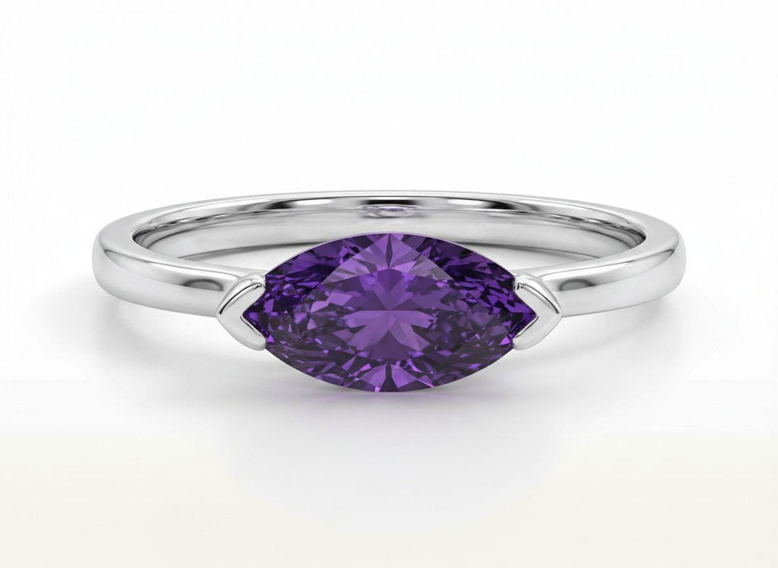 East West Marquise Amethyst CZ Travel Ring | Minimalist Purple Solitaire Ring | February Birthstone Vacation Ring | Dainty East West