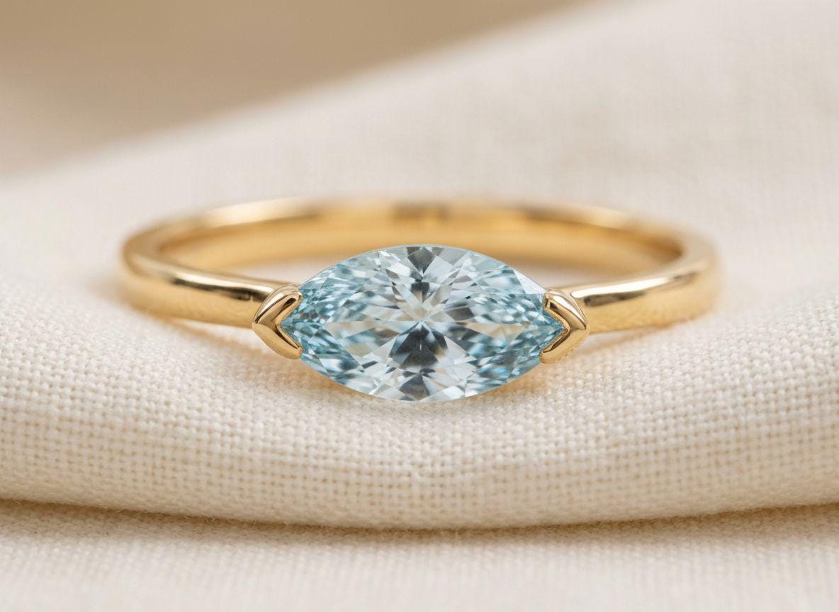East West Marquise Aquamarine CZ Travel Ring | Minimalist Blue Solitaire Ring | March Birthstone Vacation Ring | Dainty Engagement Ring