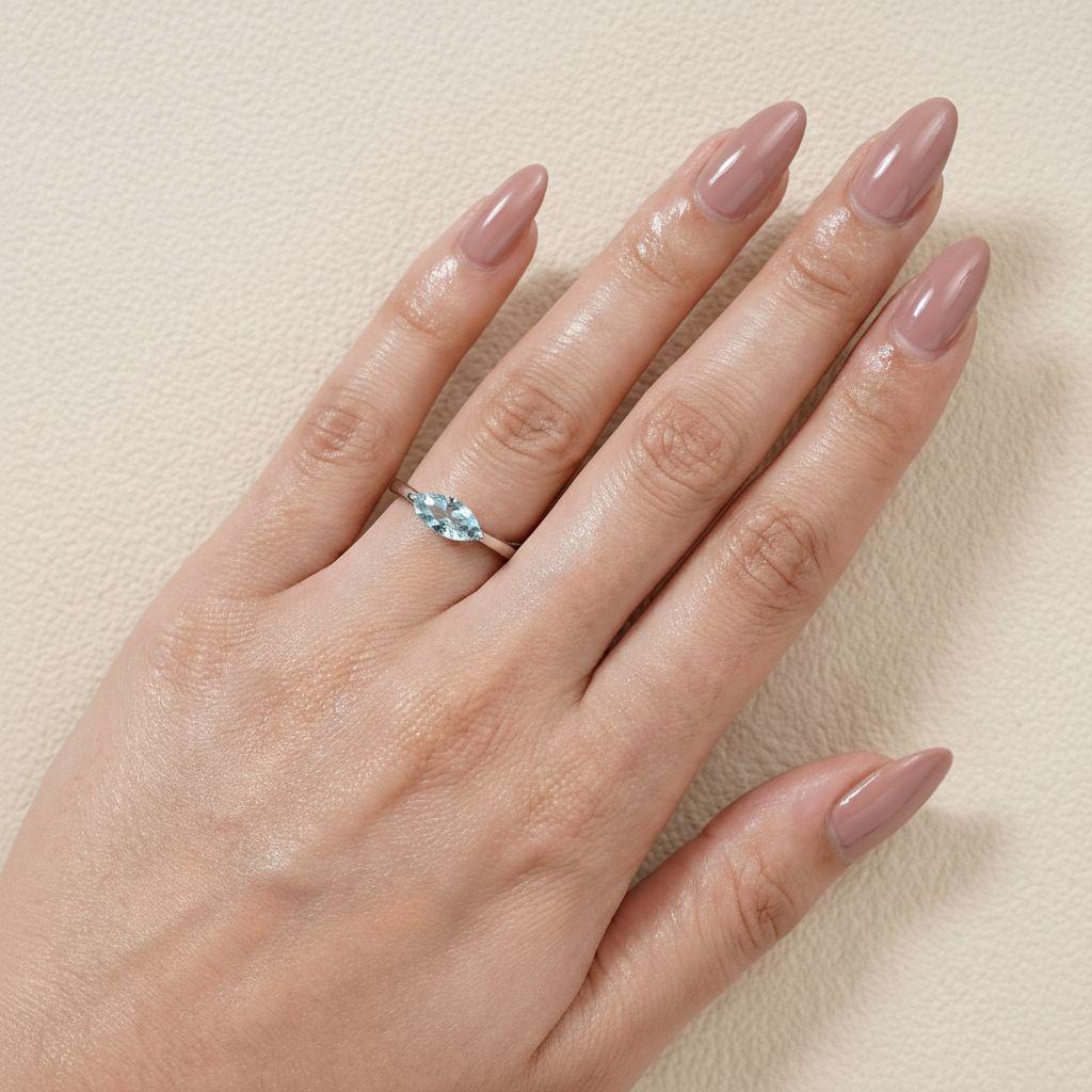 East West Marquise Aquamarine CZ Travel Ring | Minimalist Blue Solitaire Ring | March Birthstone Vacation Ring | Dainty Engagement Ring