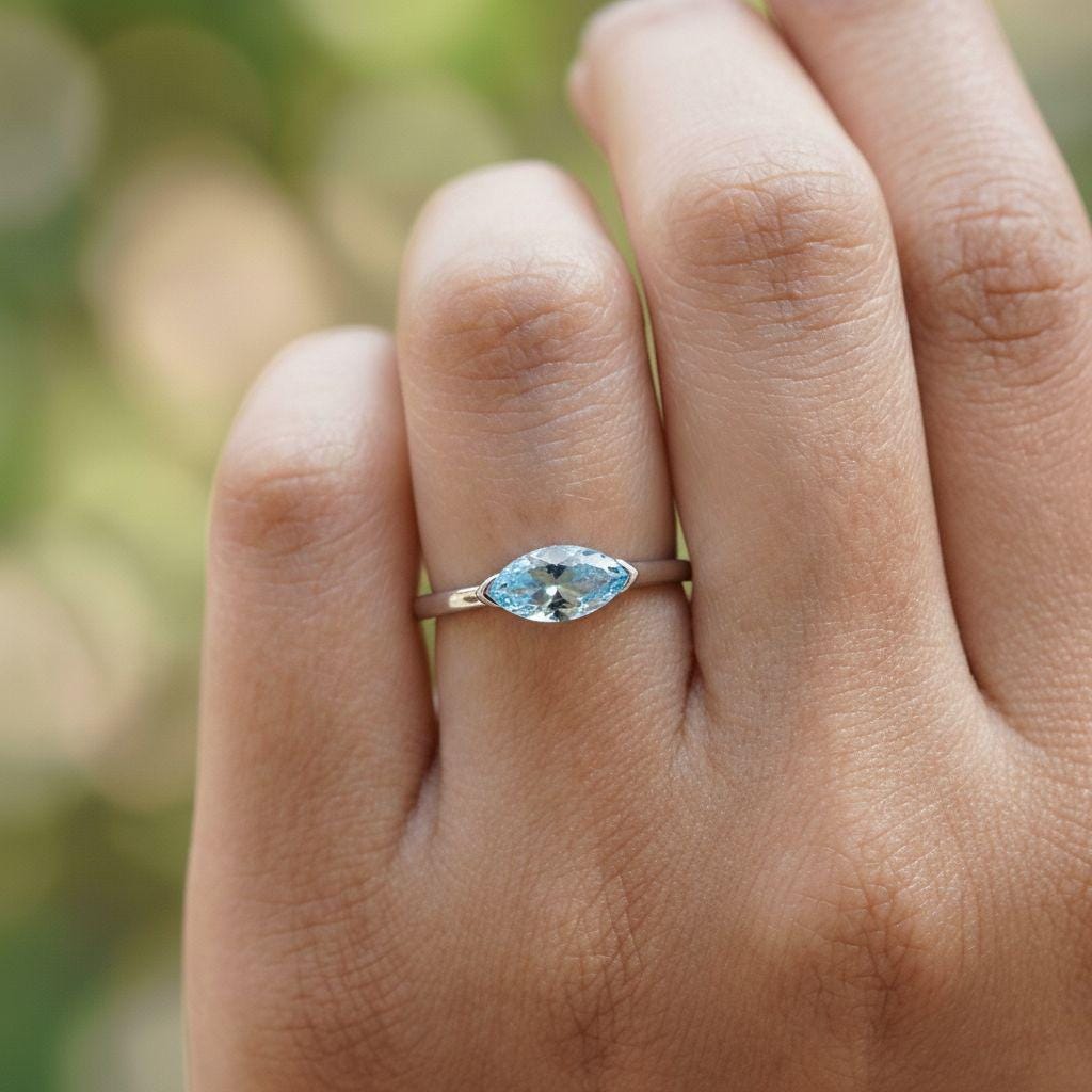 East West Marquise Aquamarine CZ Travel Ring | Minimalist Blue Solitaire Ring | March Birthstone Vacation Ring | Dainty Engagement Ring