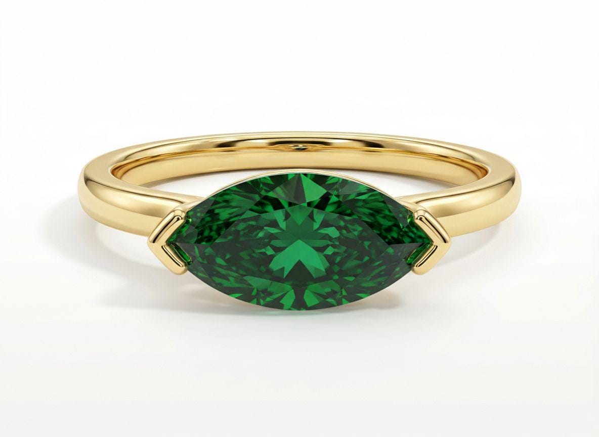 East West Marquise Emerald CZ Travel Ring | Minimalist Green Solitaire Ring | May Birthstone Vacation Ring