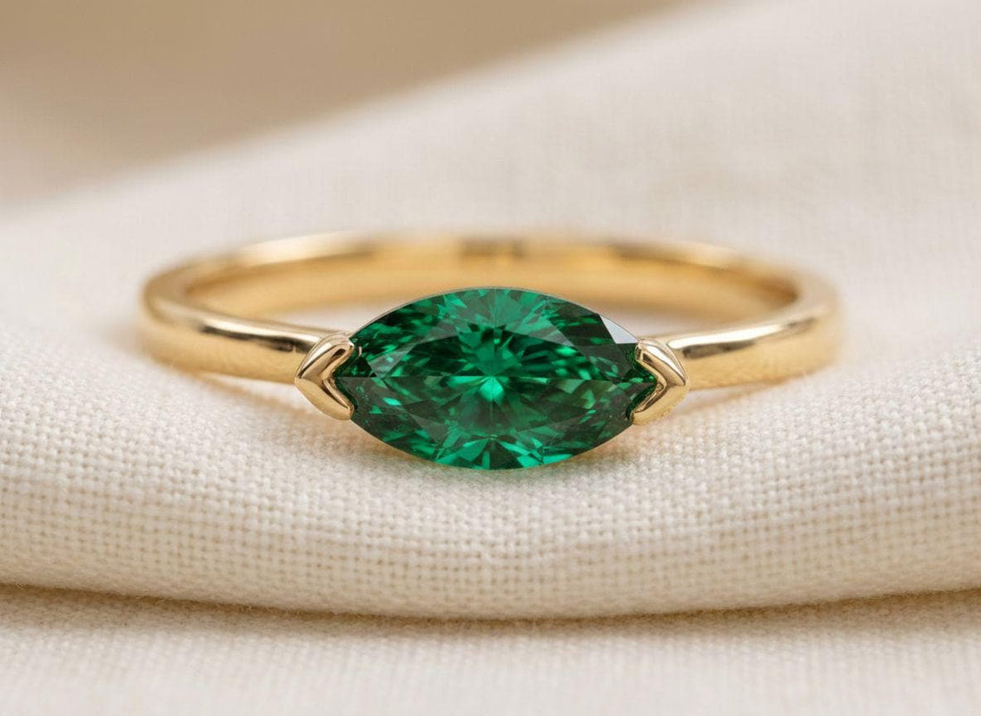 East West Marquise Emerald CZ Travel Ring | Minimalist Green Solitaire Ring | May Birthstone Vacation Ring