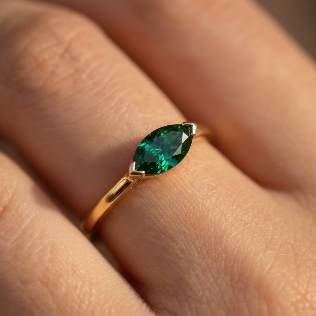 East West Marquise Emerald CZ Travel Ring | Minimalist Green Solitaire Ring | May Birthstone Vacation Ring