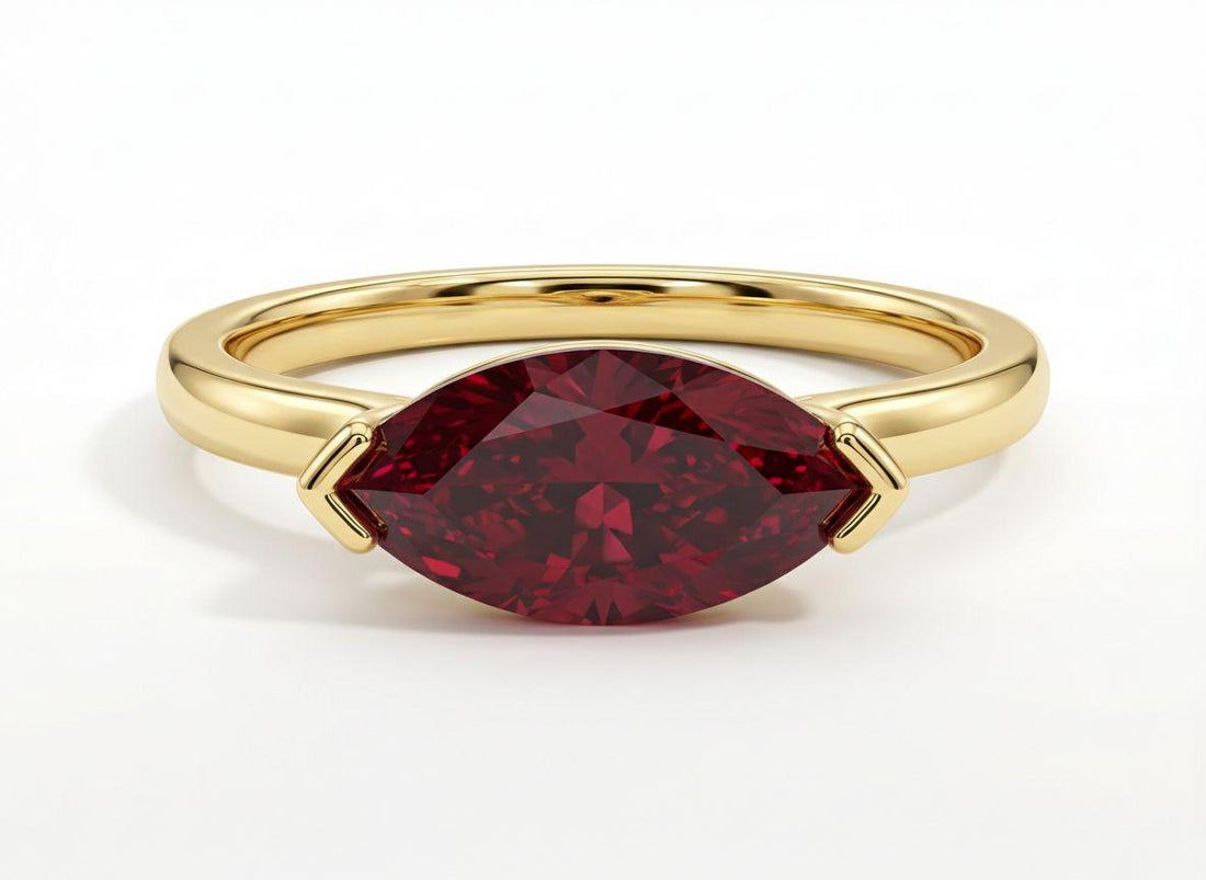 East West Marquise Ruby CZ Travel Ring, July Birthstone Solitaire Ring, Minimalist Red Gemstone Vacation Engagement Ring