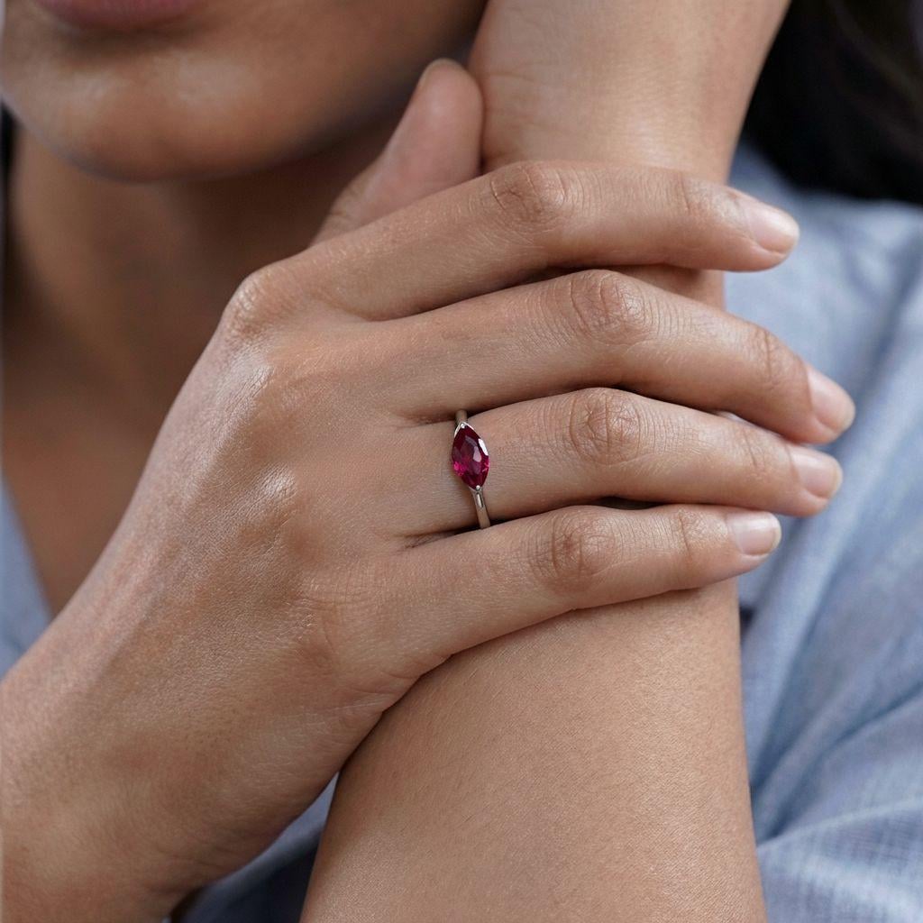 East West Marquise Ruby CZ Travel Ring, July Birthstone Solitaire Ring, Minimalist Red Gemstone Vacation Engagement Ring