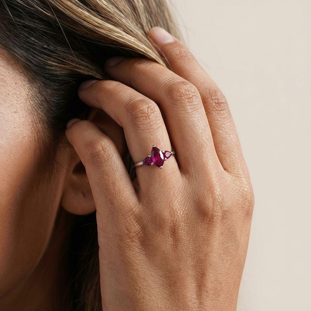 East West Marquise Ruby CZ Travel Ring, July Birthstone Solitaire Ring, Minimalist Red Gemstone Vacation Engagement Ring