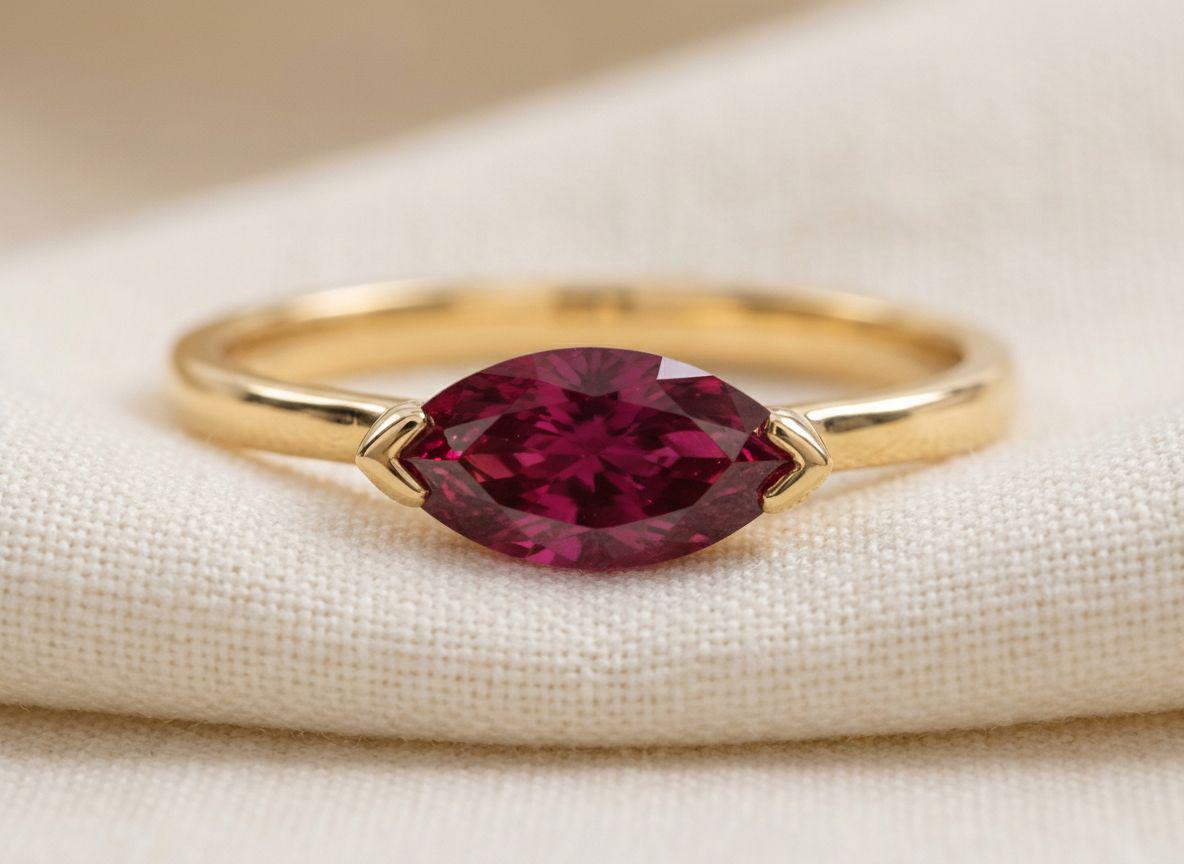 East West Marquise Ruby CZ Travel Ring, July Birthstone Solitaire Ring, Minimalist Red Gemstone Vacation Engagement Ring