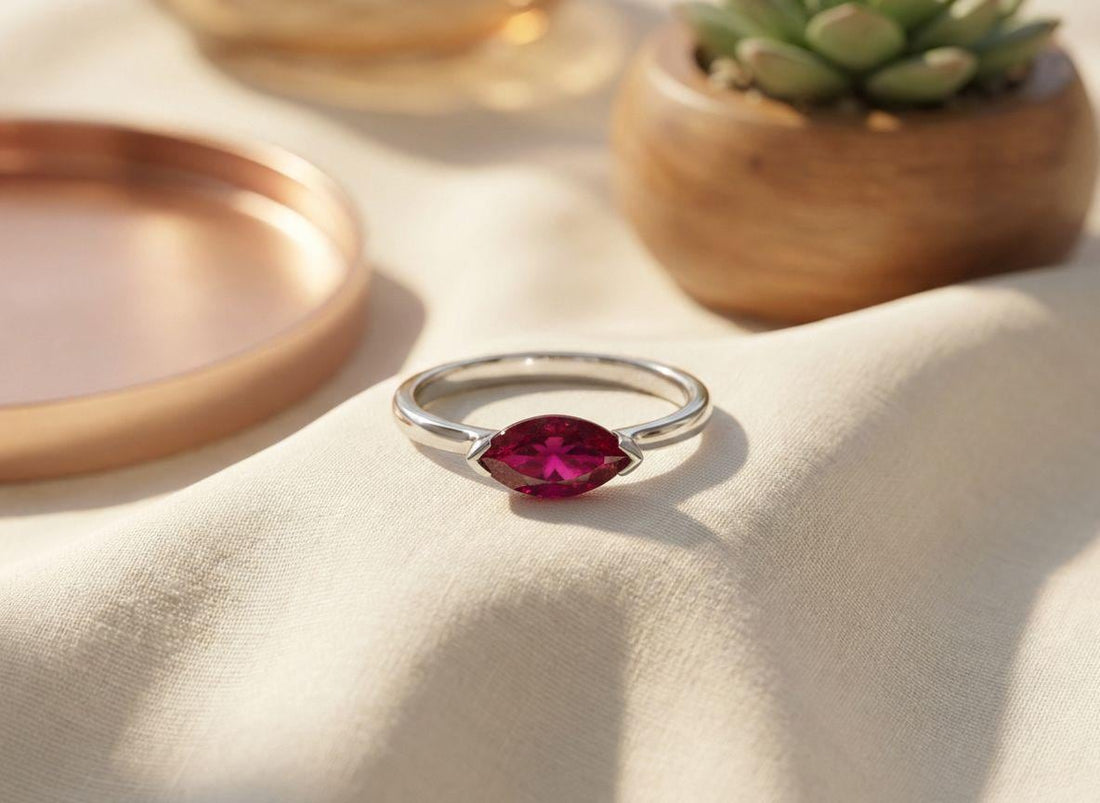 East West Marquise Ruby CZ Travel Ring, July Birthstone Solitaire Ring, Minimalist Red Gemstone Vacation Engagement Ring