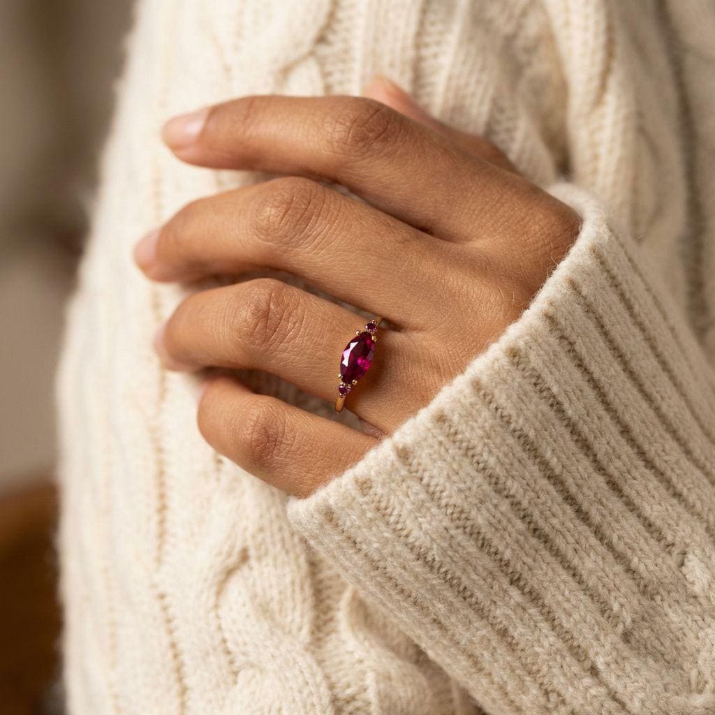 East West Marquise Ruby CZ Travel Ring, July Birthstone Solitaire Ring, Minimalist Red Gemstone Vacation Engagement Ring