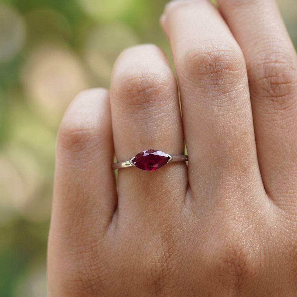 East West Marquise Ruby CZ Travel Ring, July Birthstone Solitaire Ring, Minimalist Red Gemstone Vacation Engagement Ring