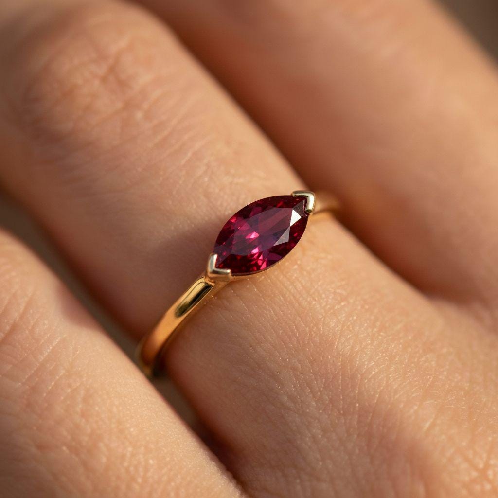 East West Marquise Ruby CZ Travel Ring, July Birthstone Solitaire Ring, Minimalist Red Gemstone Vacation Engagement Ring